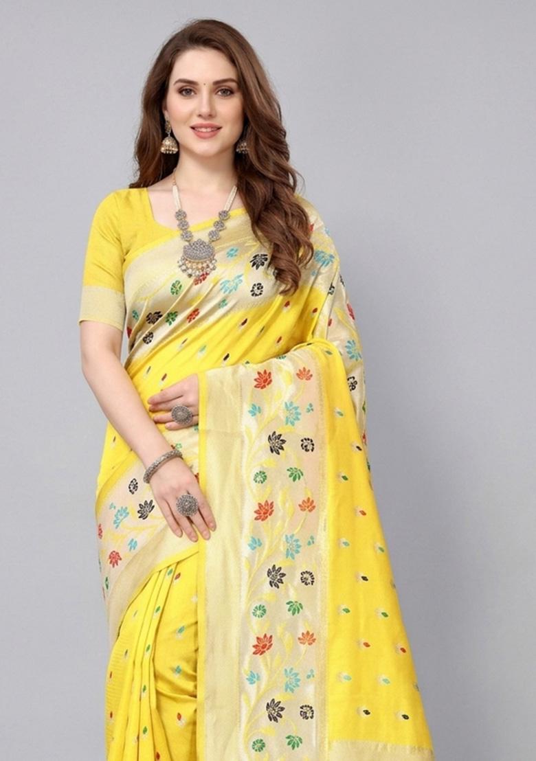 Yellow Zari Weaving Silk Saree Set - Indya