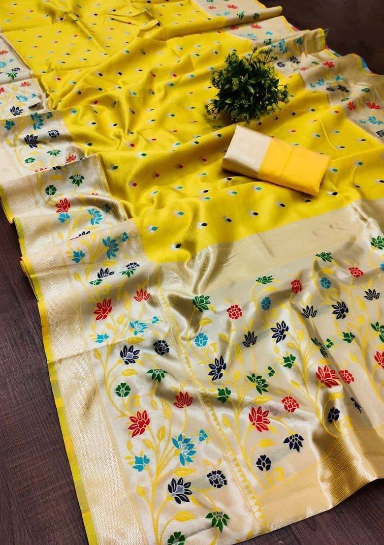 Yellow Zari Weaving Silk Saree Set for Diwali | Wedding & Festive Wear - Indya