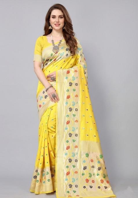 Yellow Zari Weaving Silk Saree Set