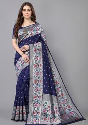 Blue Zari Weaving Silk Saree Set