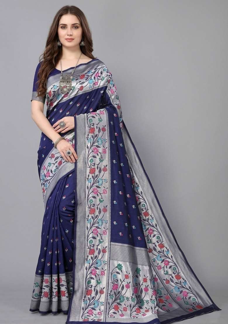 Blue Zari Weaving Silk Saree Set for Diwali and Festive Wear - Indya