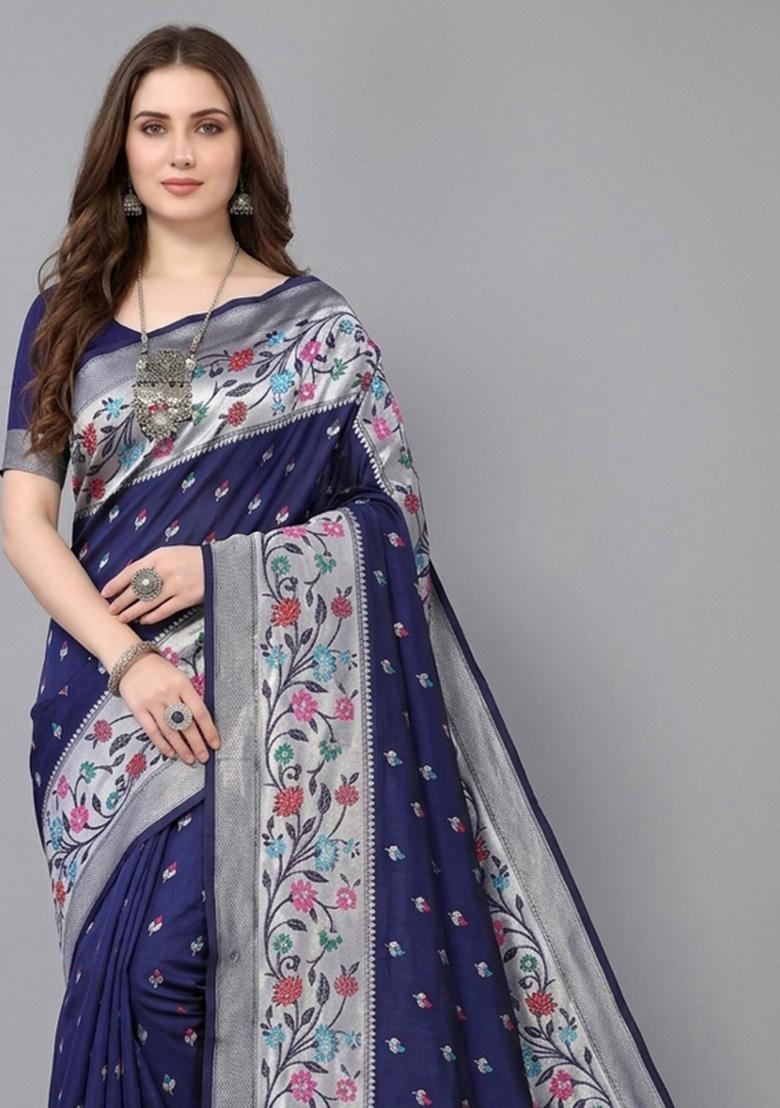 Blue Zari Weaving Silk Saree Set - Indya