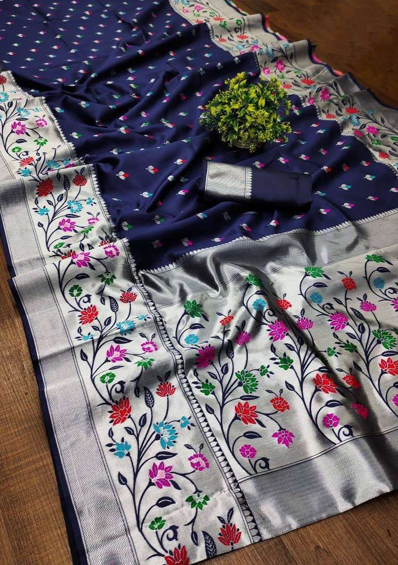 Blue Zari Weaving Silk Saree Set for Diwali and Festive Wear - Indya