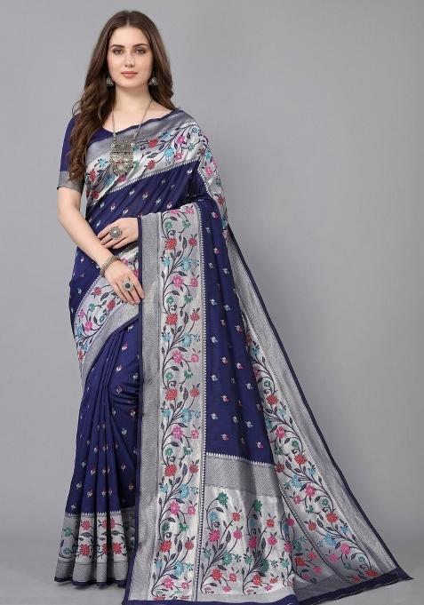 Blue Zari Weaving Silk Saree Set