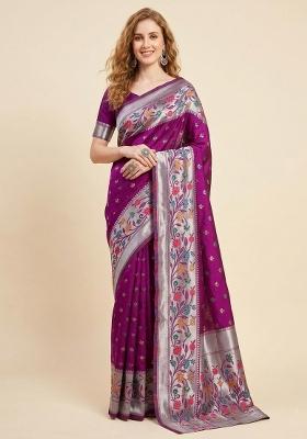 Wine Zari Weaving Silk Saree Set