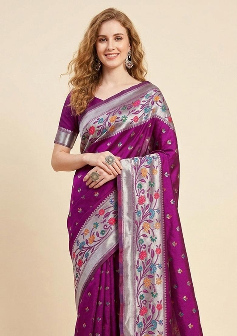 Wine Zari Weaving Silk Saree Set - Indya
