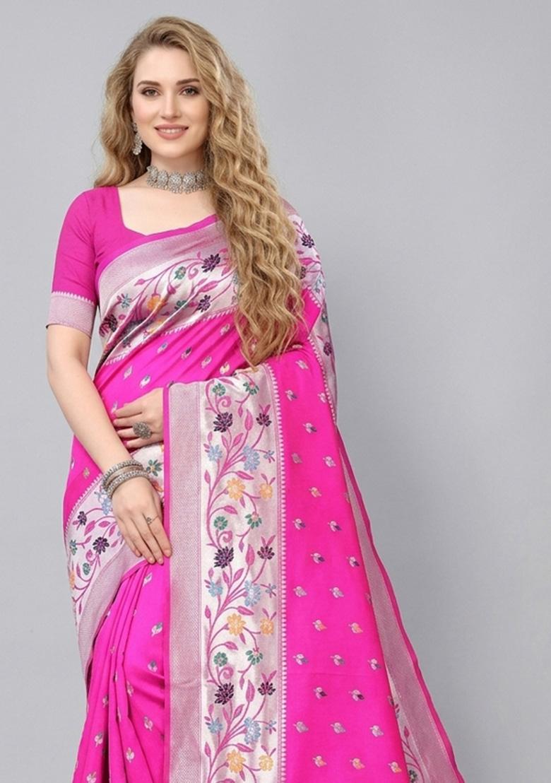 Pink Zari Weaving Silk Saree Set - Indya