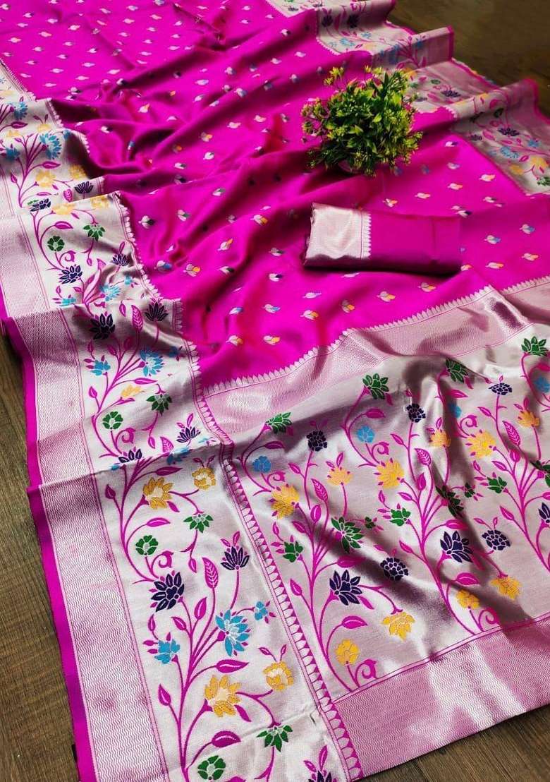 Pink Zari Weaving Silk Saree Set for Diwali and Festive Wear - Indya