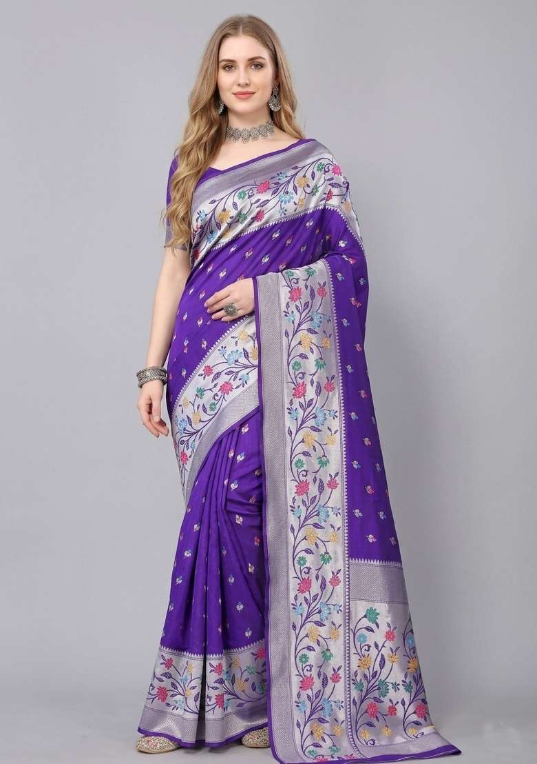 Purple Zari Weaving Silk Saree Set for Diwali and Festive Wear - Indya