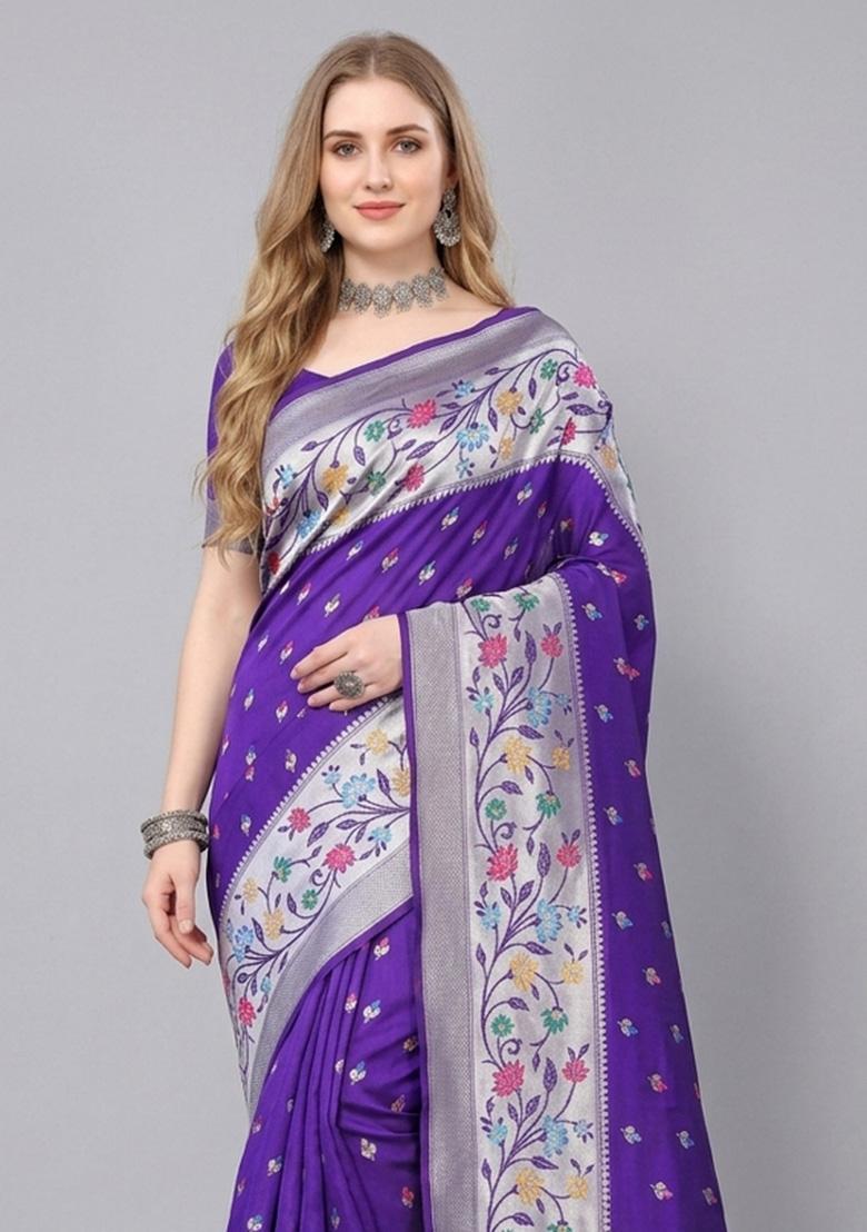 Purple Zari Weaving Silk Saree Set - Indya