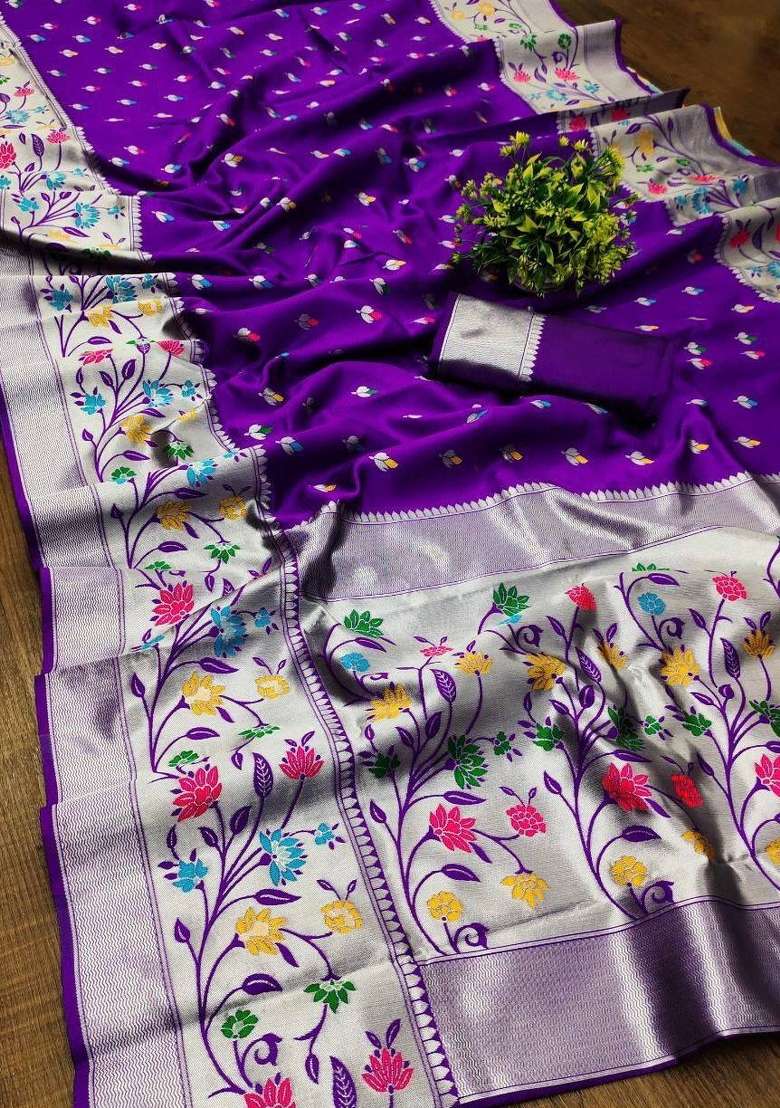 Purple Zari Weaving Silk Saree Set for Diwali and Festive Wear - Indya