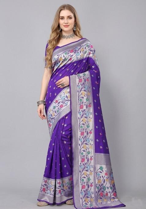 Purple Zari Weaving Silk Saree Set