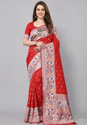 Red Zari Weaving Silk Saree Set