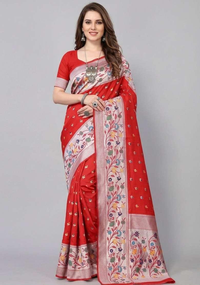 Red Zari Weaving Silk Saree Set for Diwali and Festive Wear - Indya