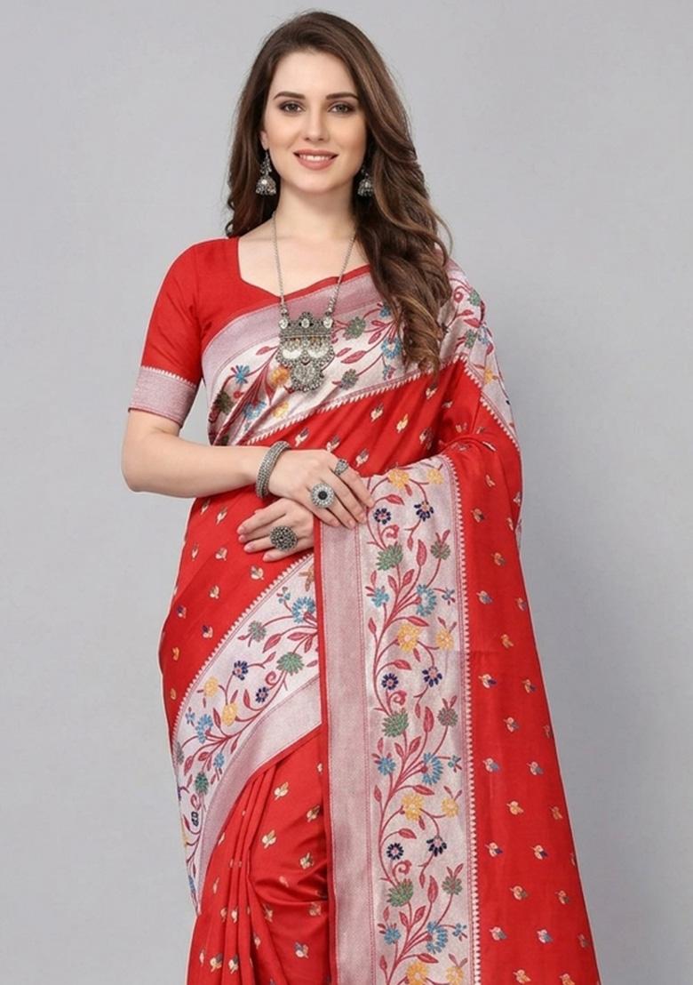 Red Zari Weaving Silk Saree Set - Indya