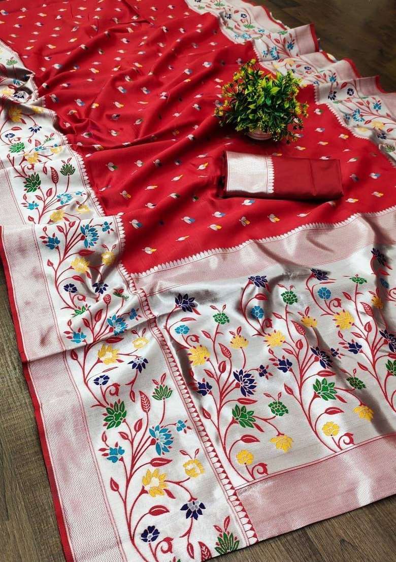 Red Zari Weaving Silk Saree Set for Diwali and Festive Wear - Indya