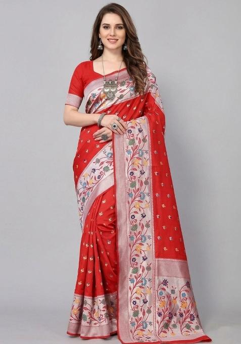 Red Zari Weaving Silk Saree Set