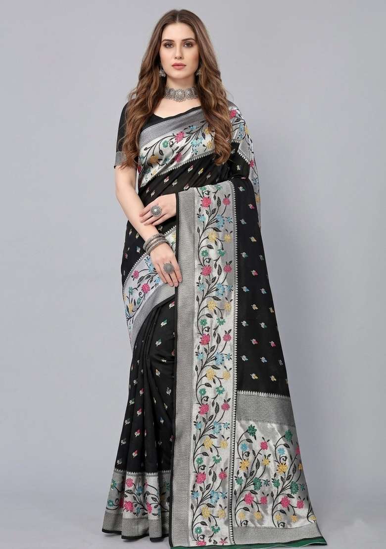 Black Zari Weaving Silk Saree Set for Diwali and Festive Wear - Indya