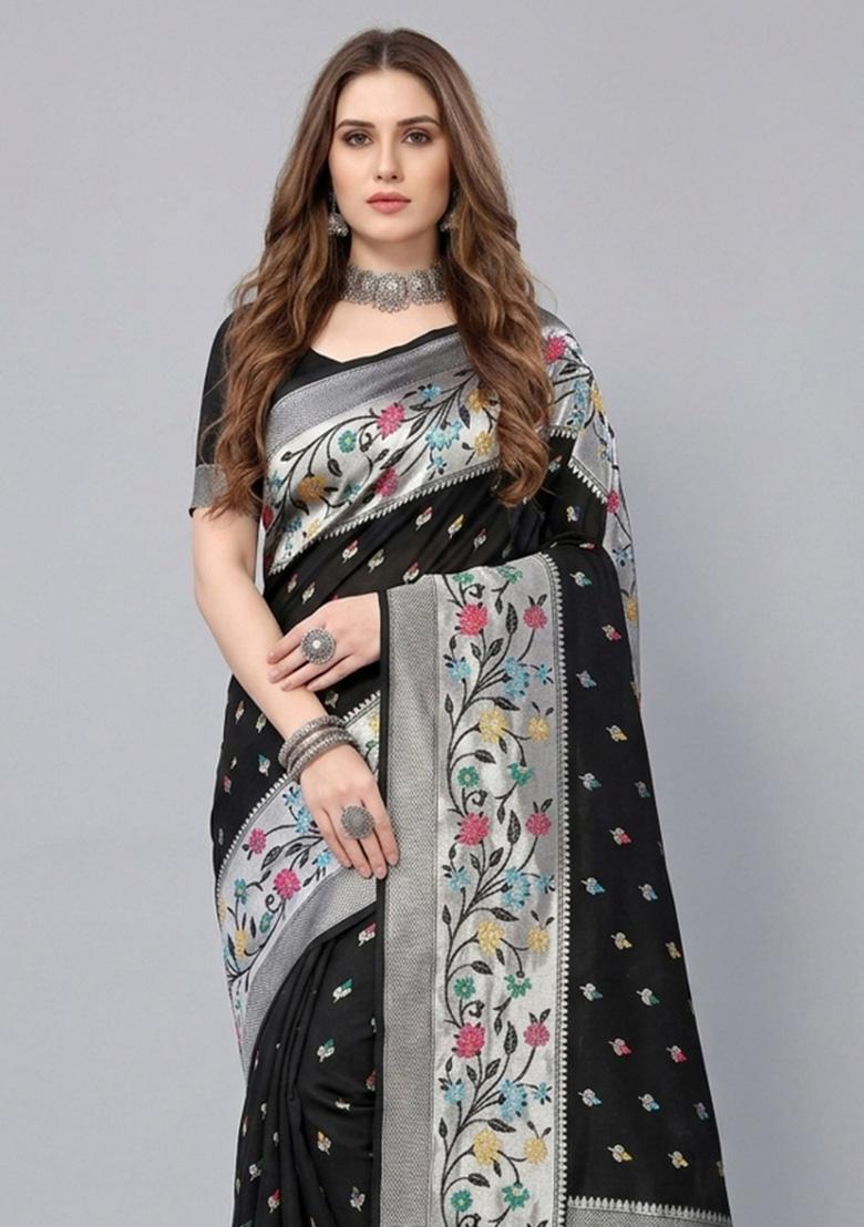 Black Zari Weaving Silk Saree Set - Indya
