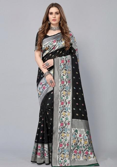Black Zari Weaving Silk Saree Set