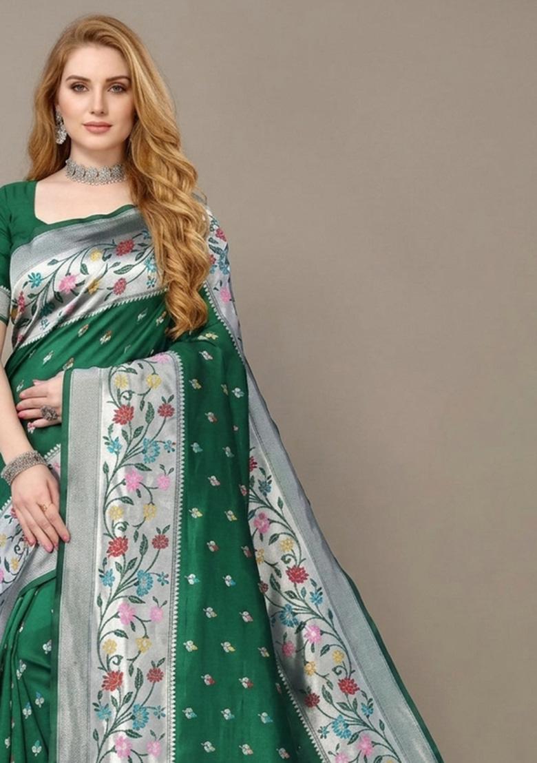 Green Zari Weaving Silk Saree Set - Indya