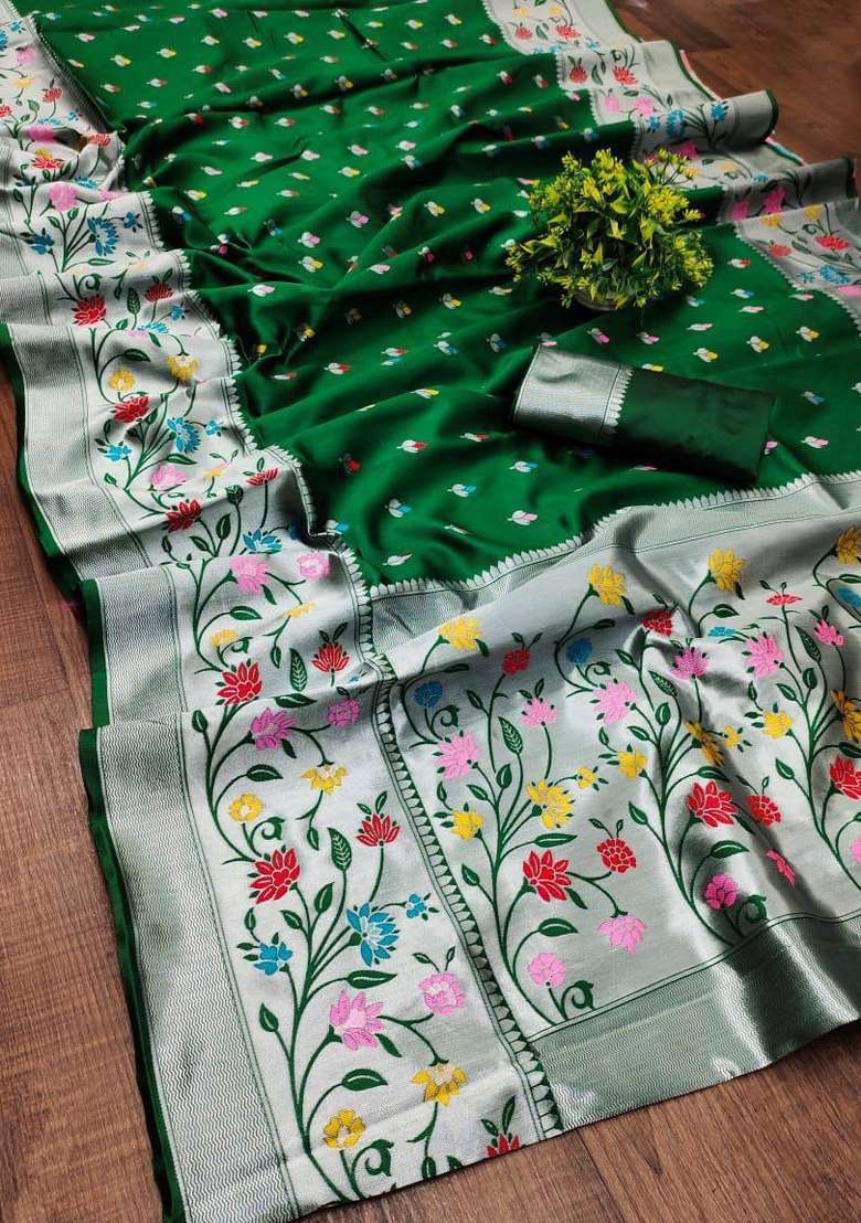 Green Zari Weaving Silk Saree Set for Diwali and Festive Wear - Indya
