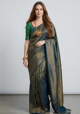 Teal Zari Weaving Silk Saree Set