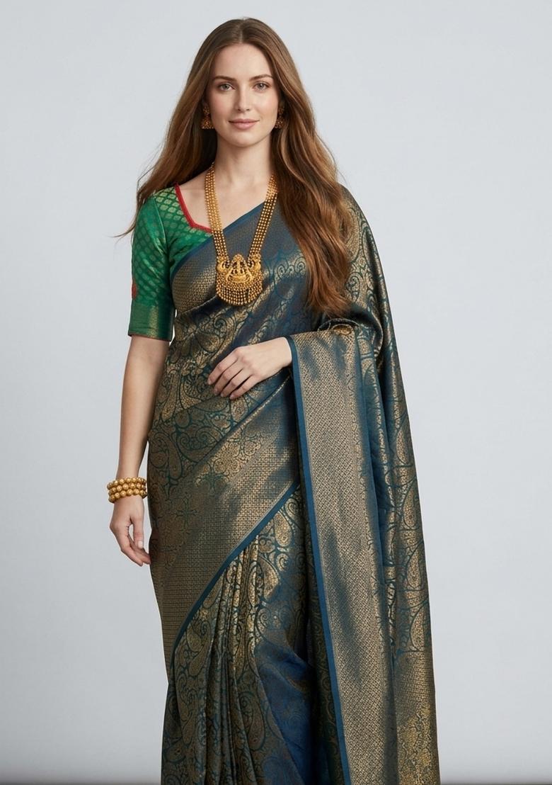 Teal Zari Weaving Silk Saree Set - Indya
