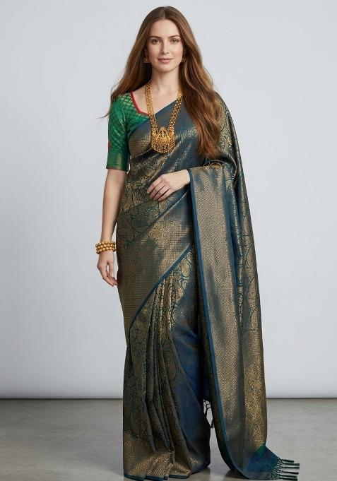 Teal Zari Weaving Silk Saree Set