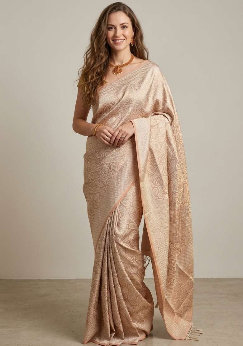 Cream Zari Weaving Silk Saree Set for Diwali and Festive Wear - Indya