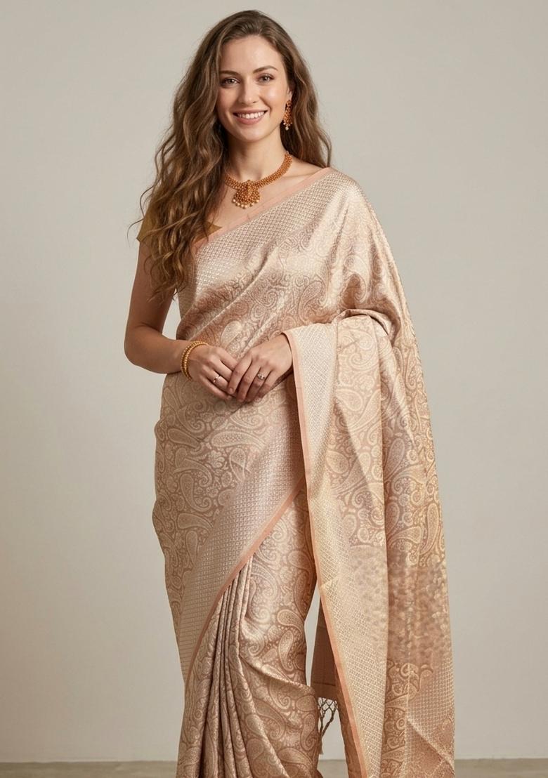 Cream Zari Weaving Silk Saree Set - Indya