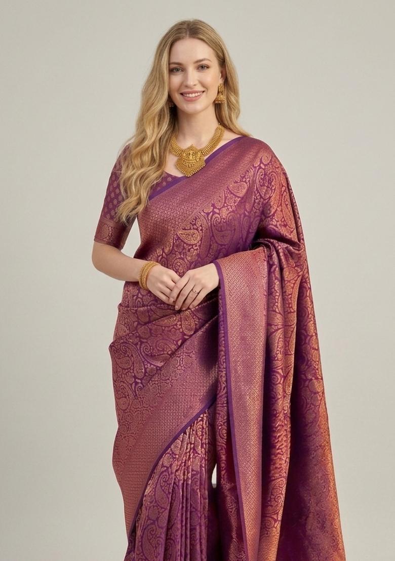 Magenta Zari Weaving Silk Saree Set - Indya