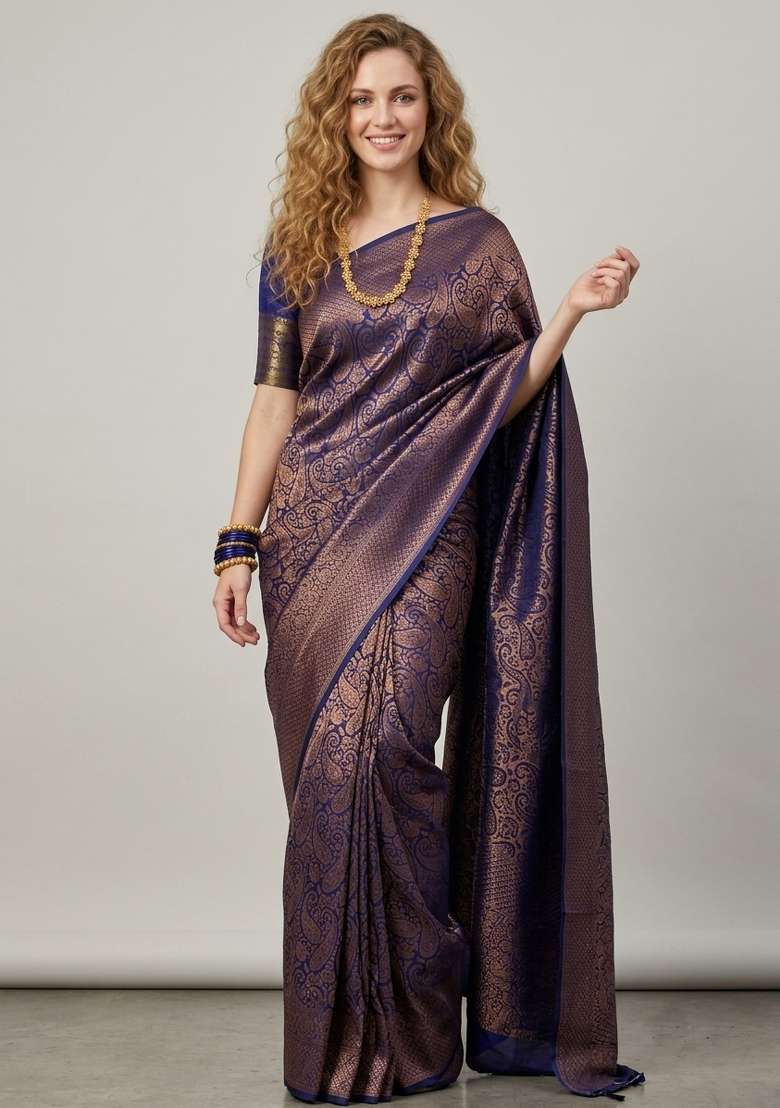 Blue Zari Weaving Silk Saree Set for Diwali and Festive Wear - Indya