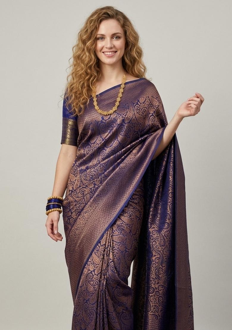 Blue Zari Weaving Silk Saree Set - Indya