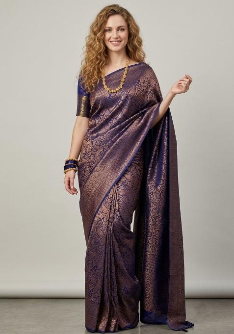 Blue Zari Weaving Silk Saree Set