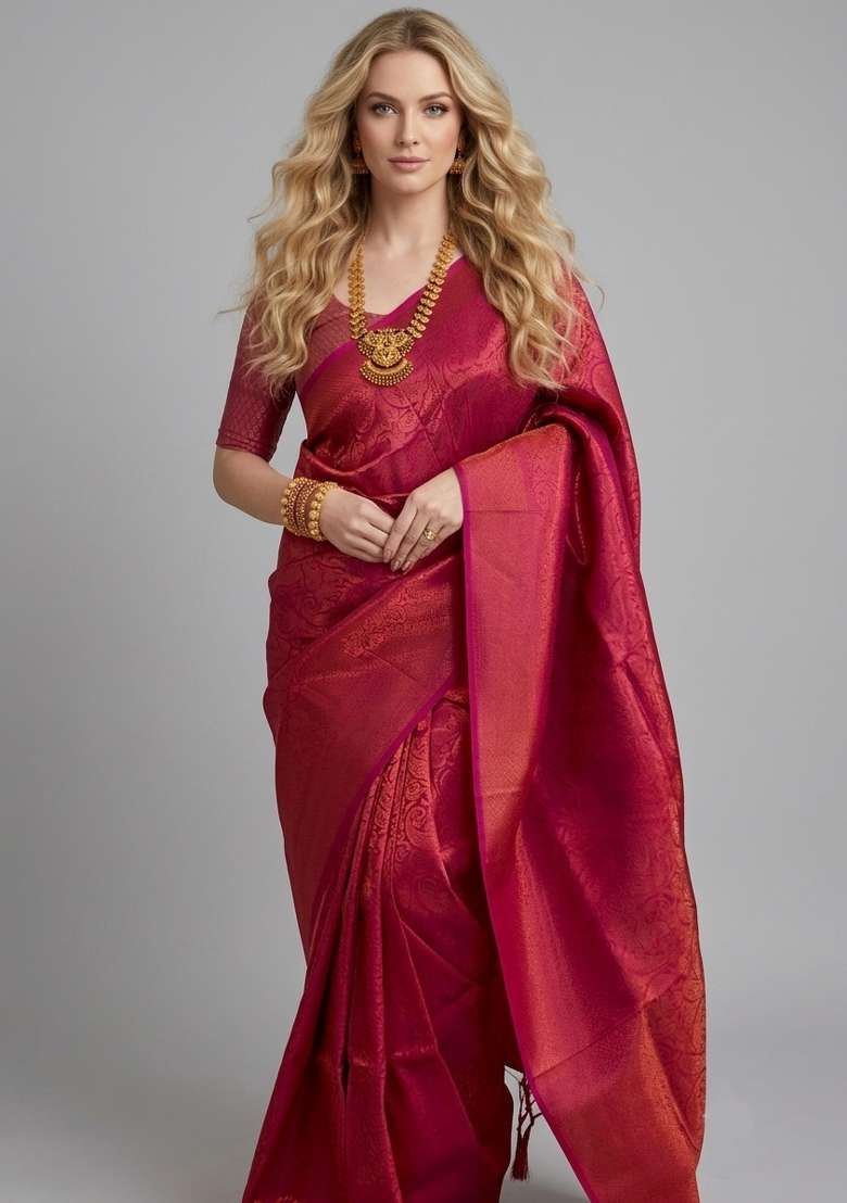 Red Zari Weaving Silk Saree Set for Diwali and Festive Wear - Indya