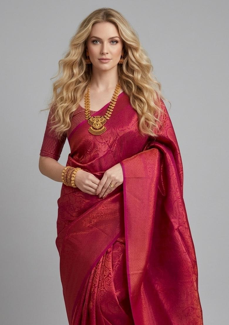 Red Zari Weaving Silk Saree Set - Indya