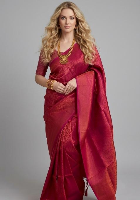 Red Zari Weaving Silk Saree Set
