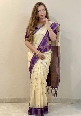 Cream Zari Weaving Silk Saree Set