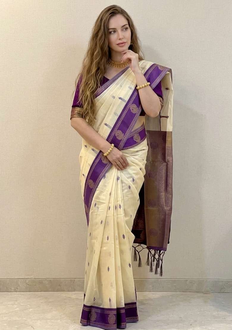 Cream Zari Weaving Silk Saree Set for Diwali and Festive Wear - Indya
