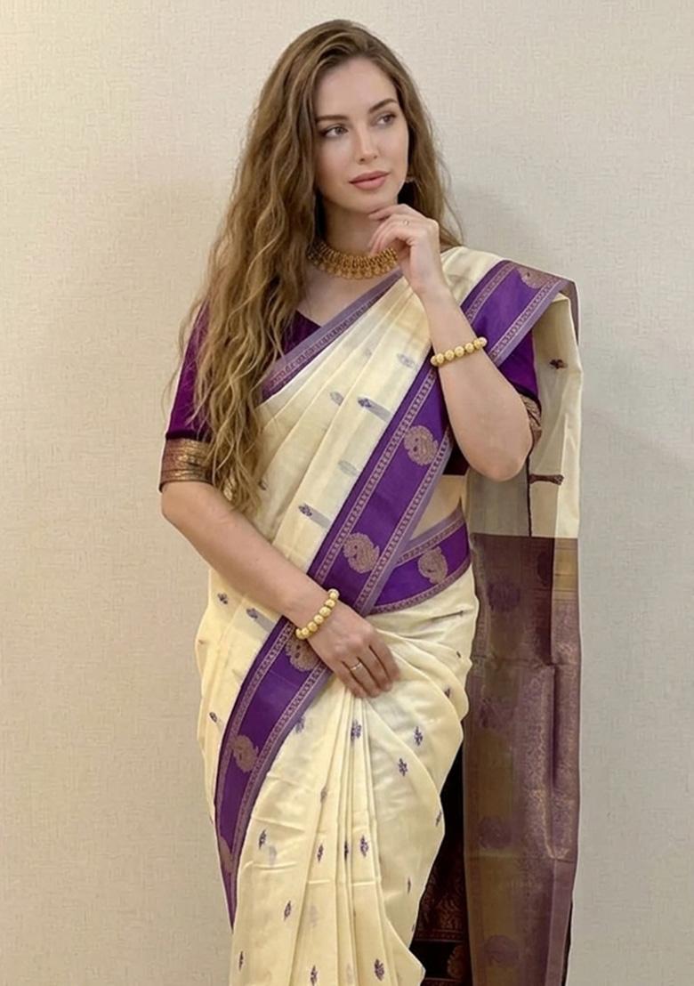 Cream Zari Weaving Silk Saree Set - Indya