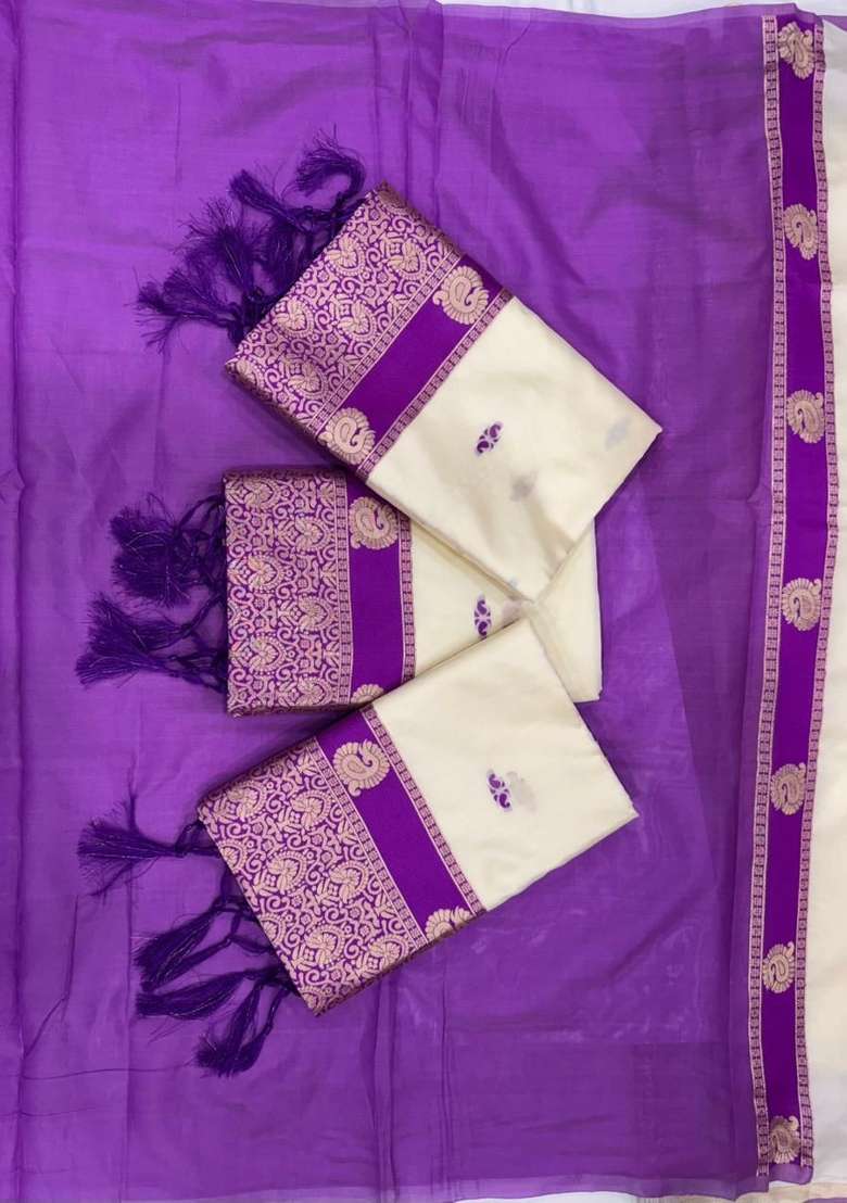 Cream Zari Weaving Silk Saree Set for Diwali and Festive Wear - Indya