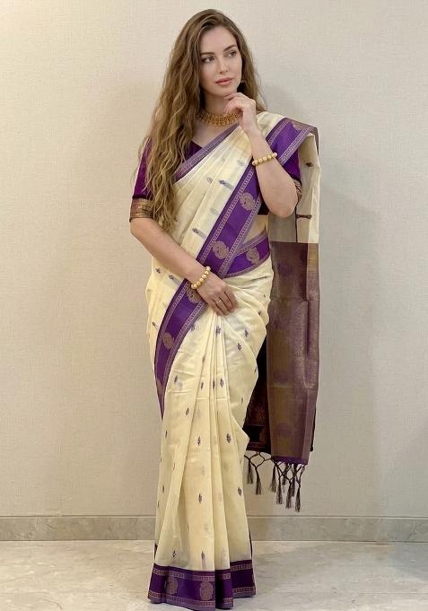 Cream Zari Weaving Silk Saree Set