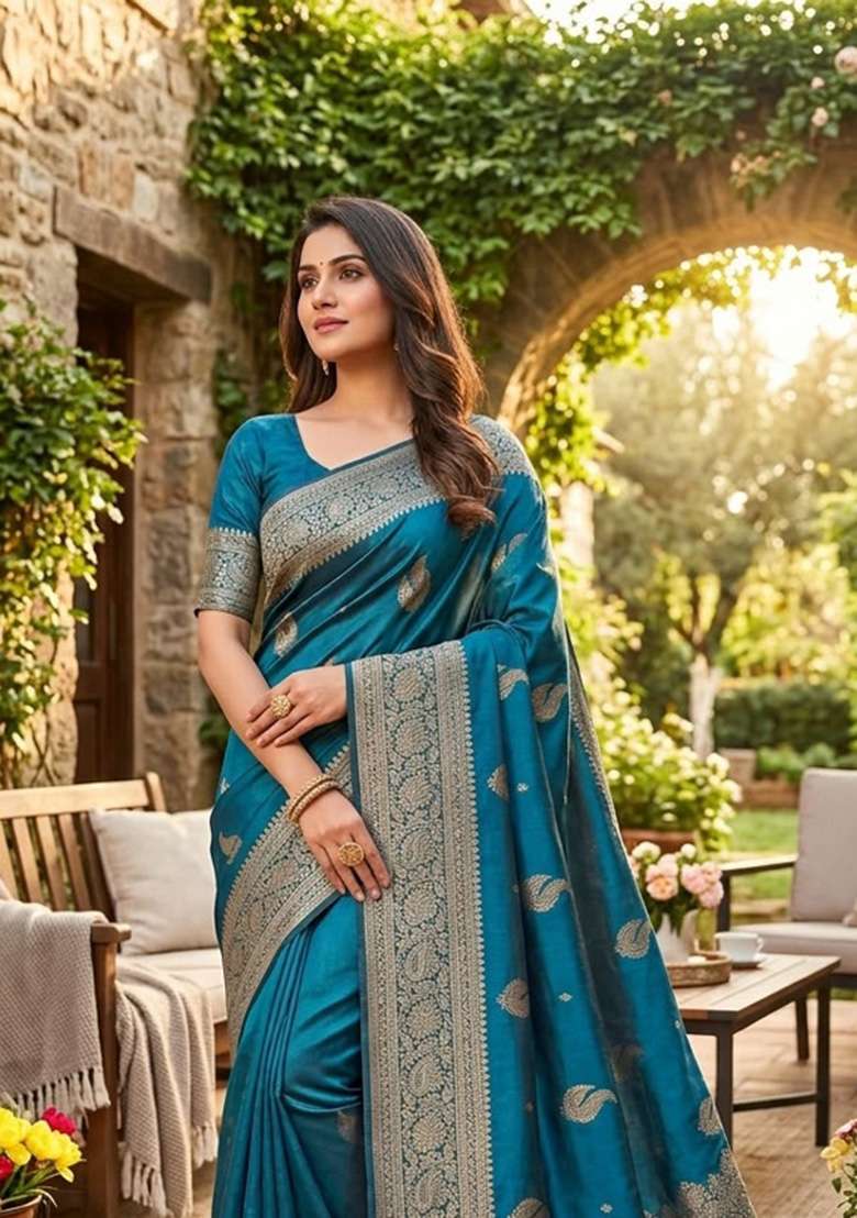 Rama Zari Weaving Banarasi Saree Set for Diwali | Wedding & Festive Wear - Indya