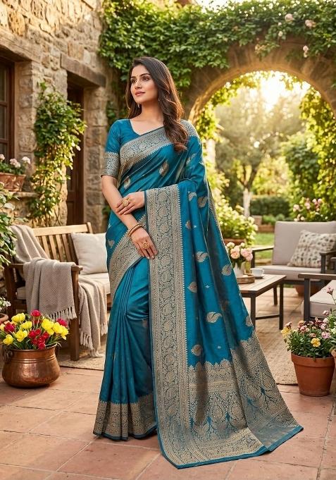 Rama Zari Weaving Banarasi Saree Set