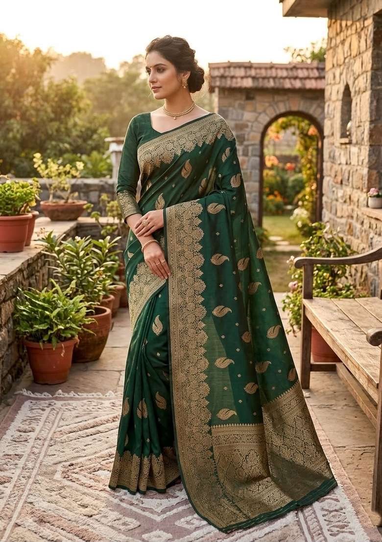 Green Zari Weaving Banarasi Saree Set for Diwali and Festive Wear - Indya
