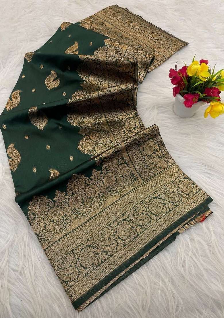 Green Zari Weaving Banarasi Saree Set for Diwali and Festive Wear - Indya