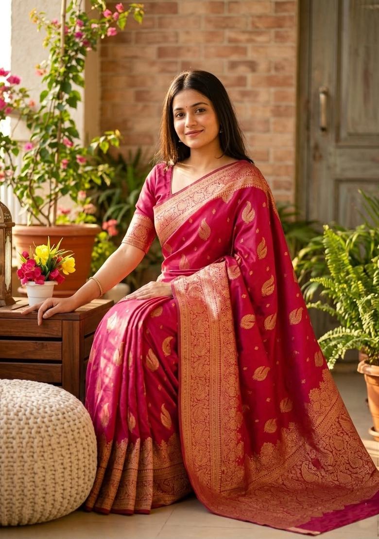 Pink Zari Weaving Banarasi Saree Set - Indya