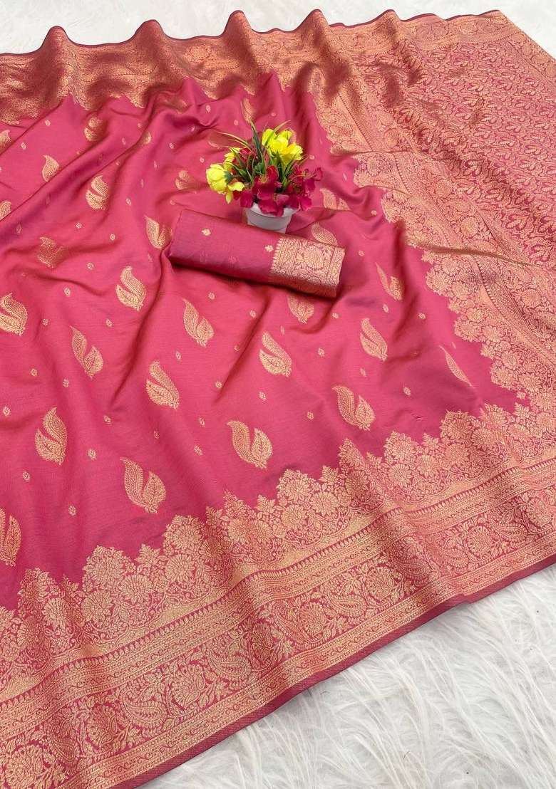 Pink Zari Weaving Banarasi Saree Set for Diwali | Wedding & Festive Wear - Indya