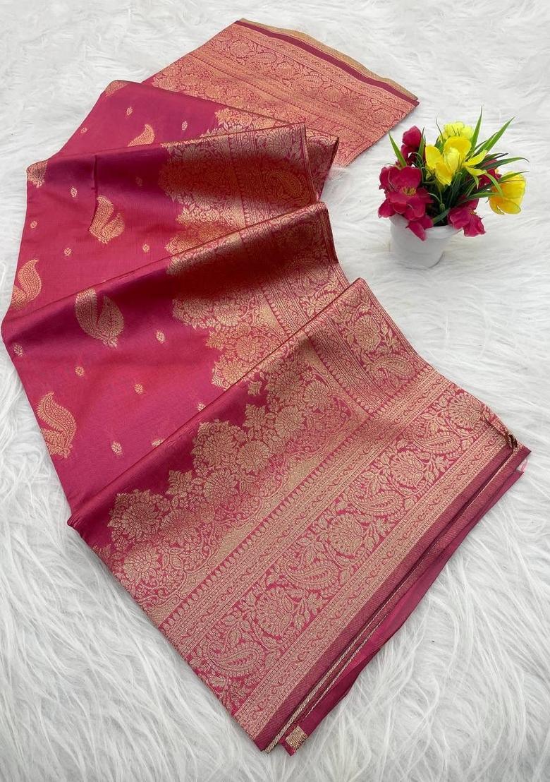 Pink Zari Weaving Banarasi Saree Set - Indya